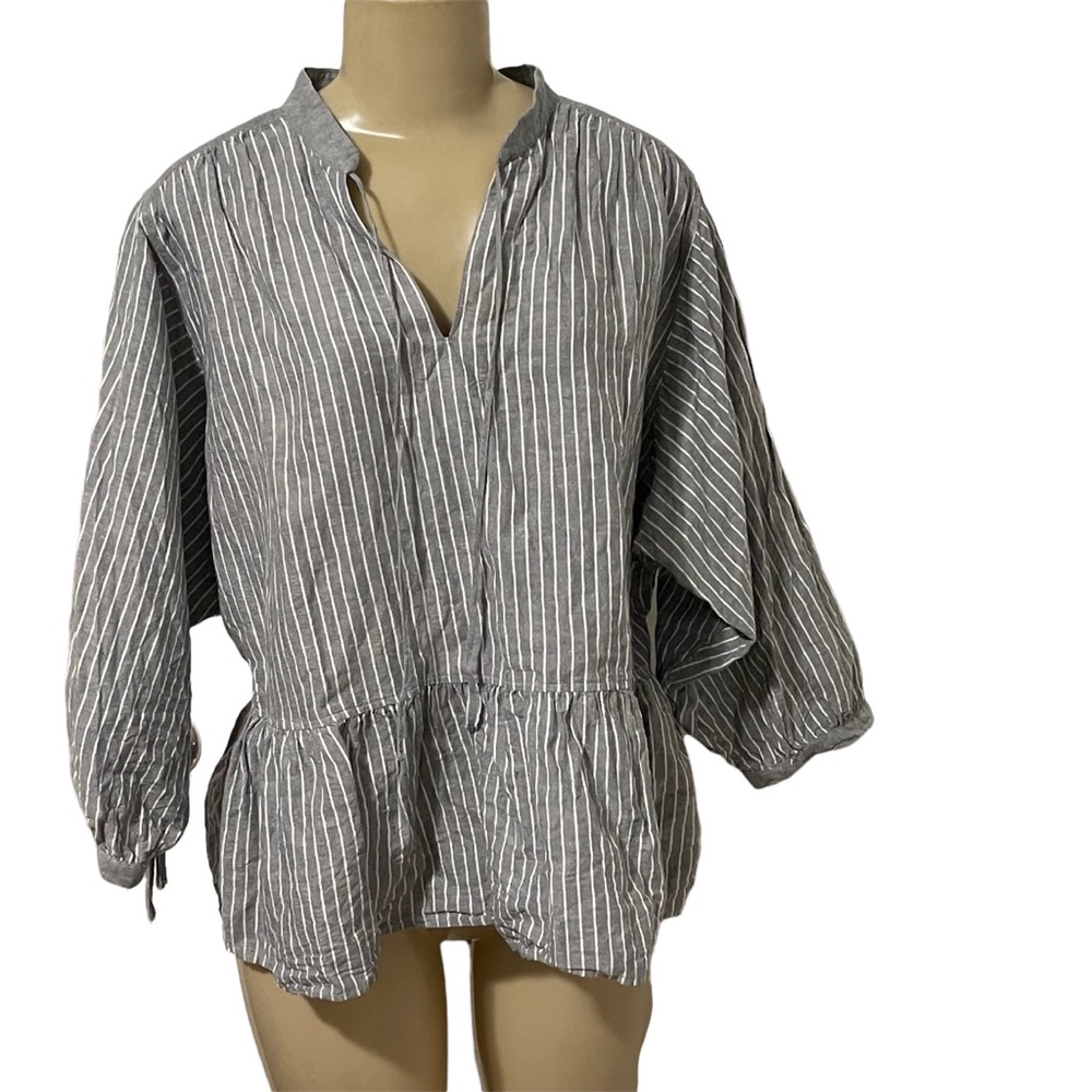JW Anderson Uniqlo gray striped peplum balloon sleeve linen blouse top L - Picture 5 of 13